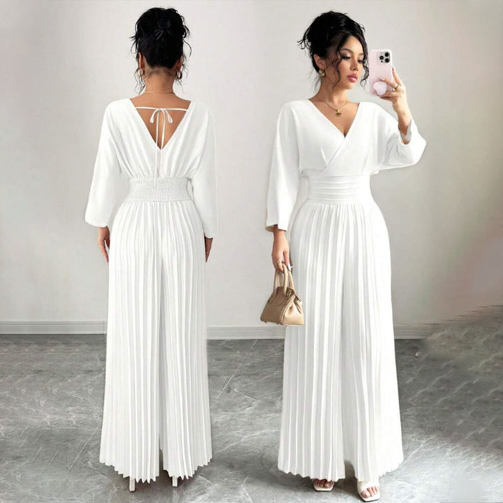 Women’s Elegant V-Neck Pleated Wide Leg Jumpsuit