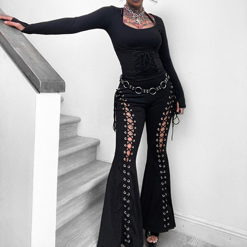 Women’s Lace Up Flare Pants – Y2K Gothic Wide Leg Bell Bottom