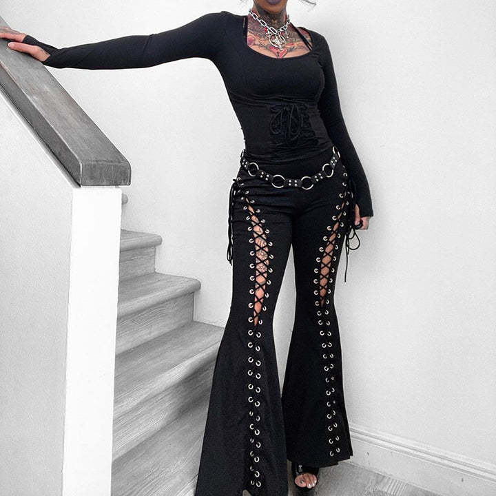 Women’s Lace Up Flare Pants – Y2K Gothic Wide Leg Bell Bottom