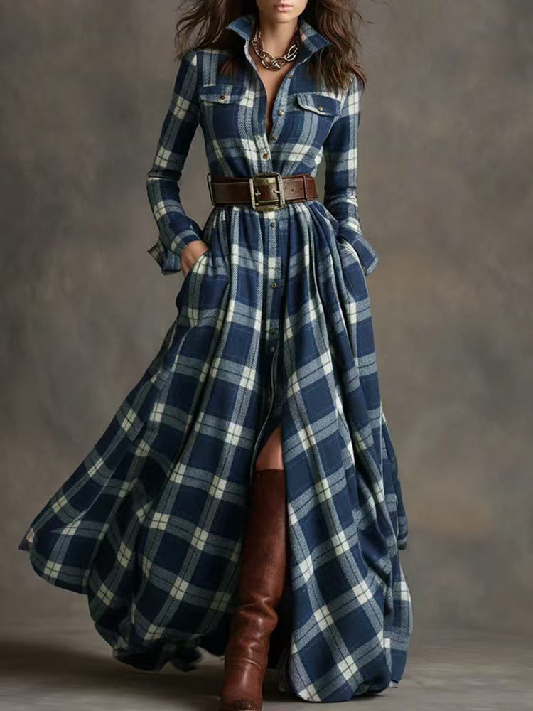 French Vintage Plaid Maxi Dress