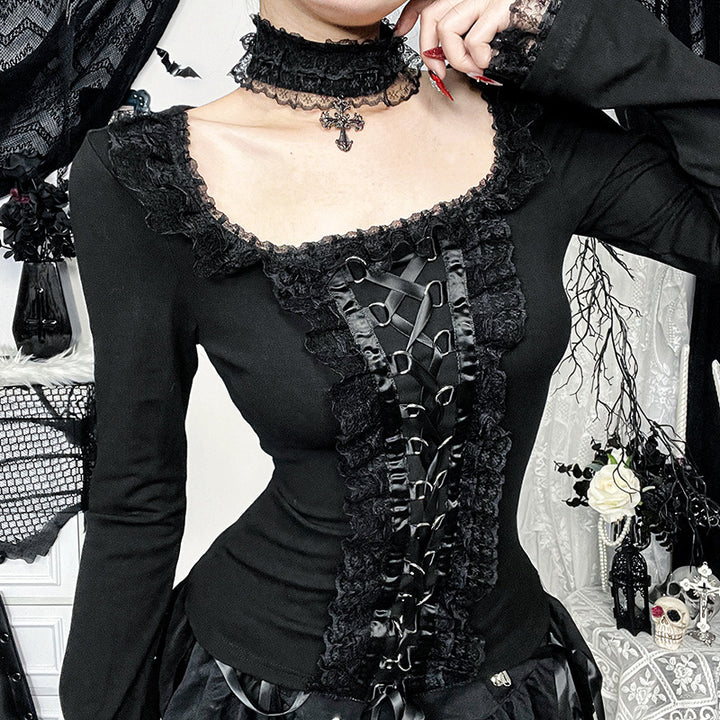 Women’s Gothic Lace-Up Top – Long Sleeve Corset-Inspired Shirt with Lace Trim & Choker