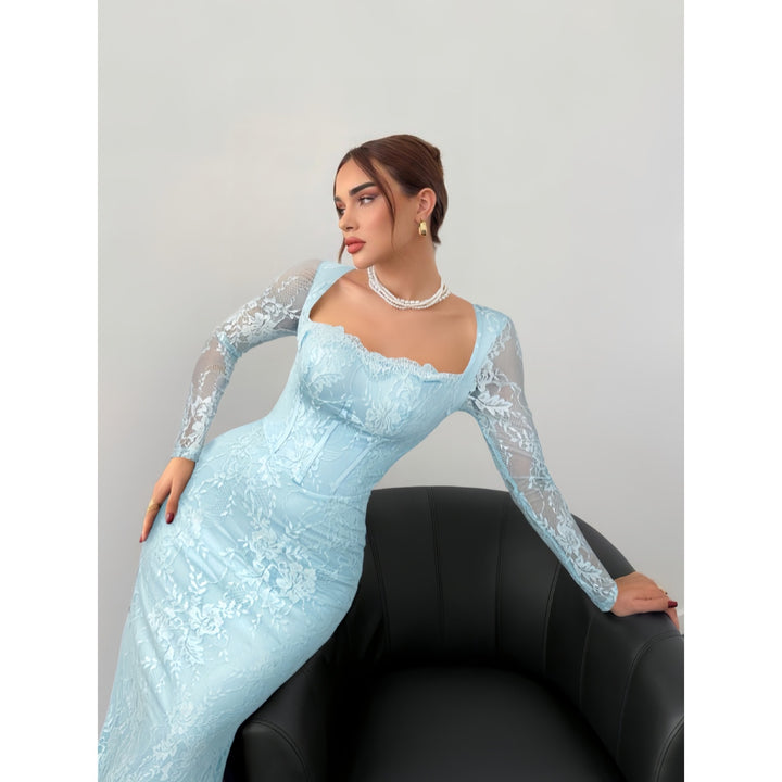 Women’s Lace Maxi Dress – Square Neck Long Sleeve Bodycon Dress