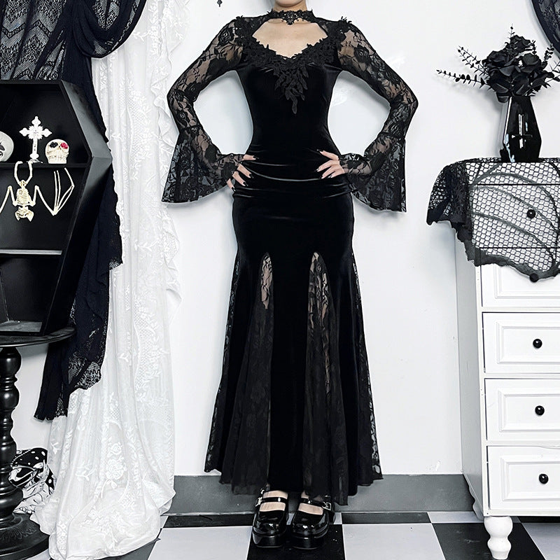 Dark Gothic Lace Mermaid Maxi Dress – Long Sleeve Bodycon Dress