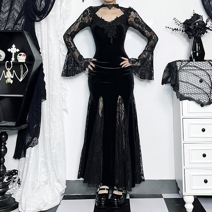 Dark Gothic Lace Mermaid Maxi Dress – Long Sleeve Bodycon Dress