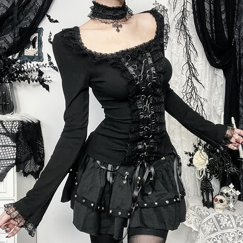 Women’s Gothic Lace-Up Top – Long Sleeve Corset-Inspired Shirt with Lace Trim & Choker