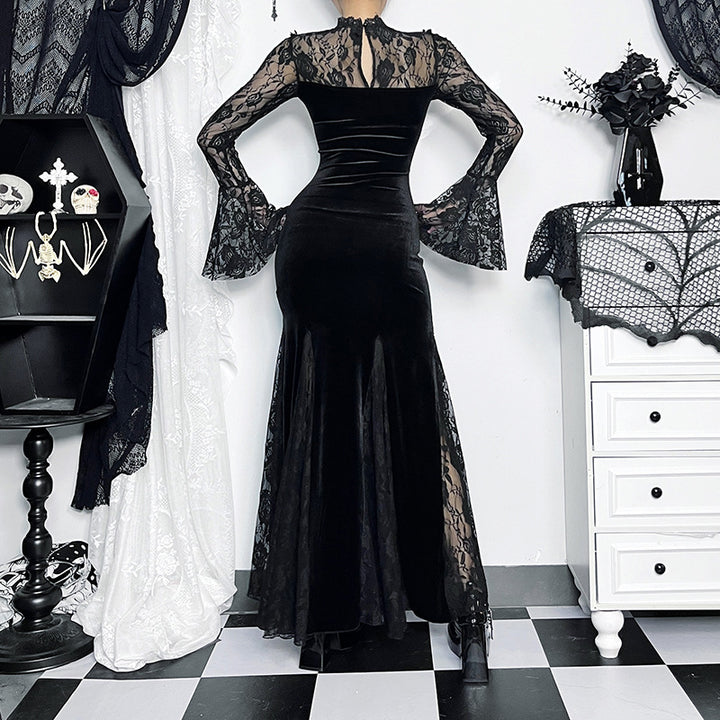 Dark Gothic Lace Mermaid Maxi Dress – Long Sleeve Bodycon Dress