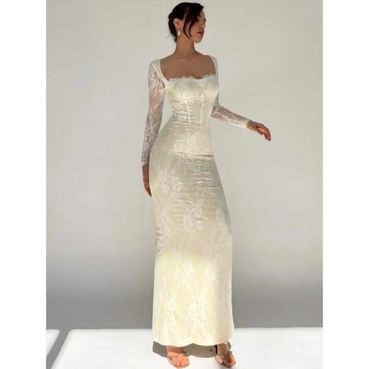 Women’s Lace Maxi Dress – Square Neck Long Sleeve Bodycon Dress