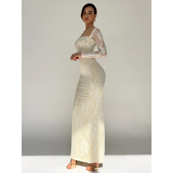 Women’s Lace Maxi Dress – Square Neck Long Sleeve Bodycon Dress