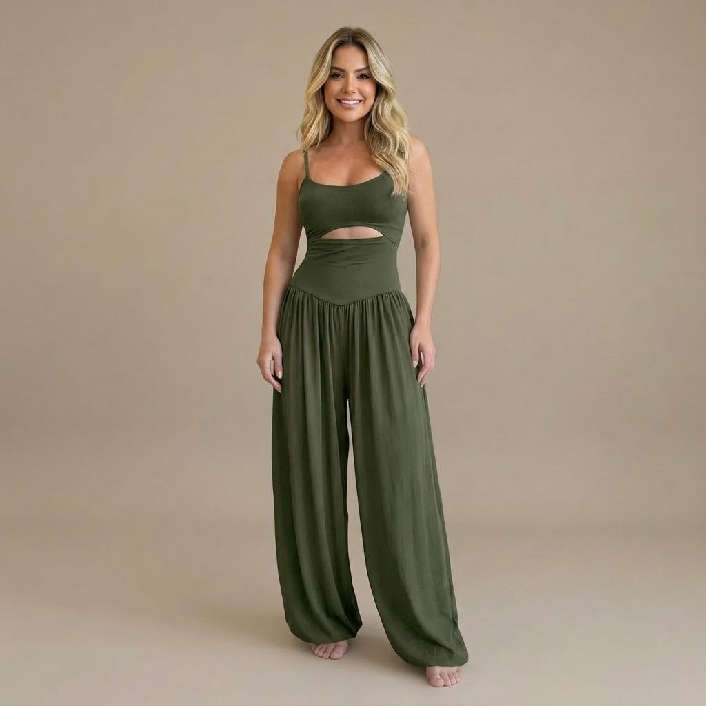 Women’s Cut Out Wide Leg Jumpsuit – Sleeveless Spaghetti Strap Casual Romper