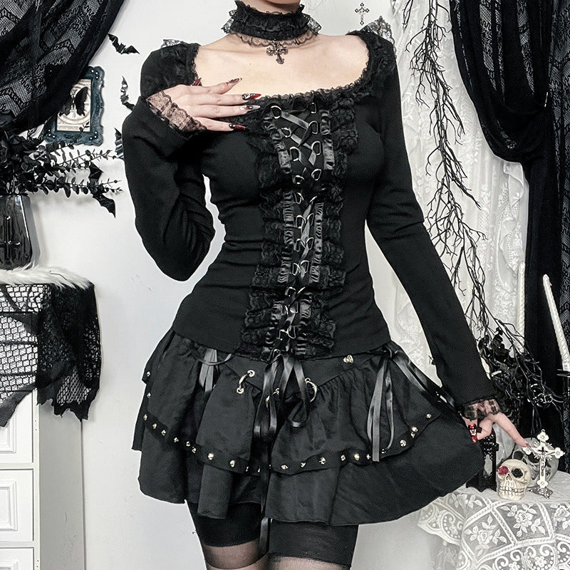 Women’s Gothic Lace-Up Top – Long Sleeve Corset-Inspired Shirt with Lace Trim & Choker