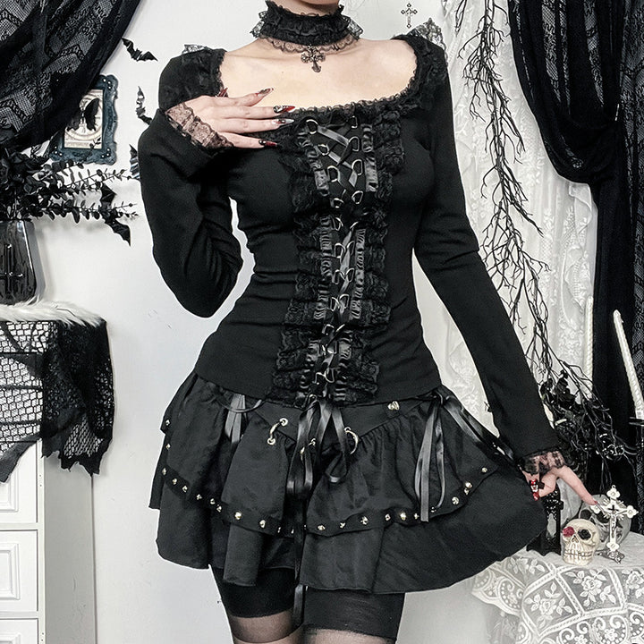 Women’s Gothic Lace-Up Top – Long Sleeve Corset-Inspired Shirt with Lace Trim & Choker