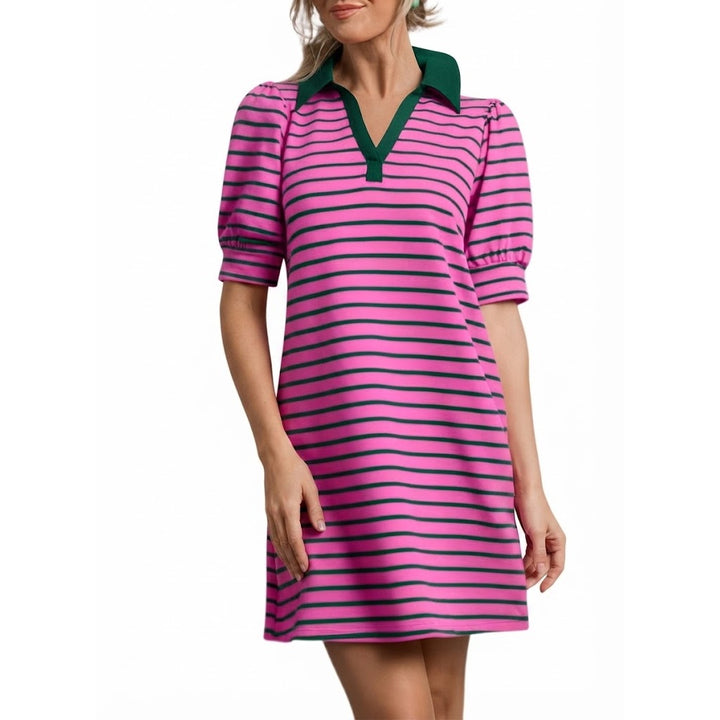 Women’s Striped Polo Shirt Dress –Short Sleeves & Side Pockets