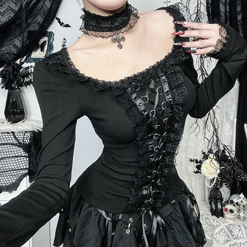 Women’s Gothic Lace-Up Top – Long Sleeve Corset-Inspired Shirt with Lace Trim & Choker