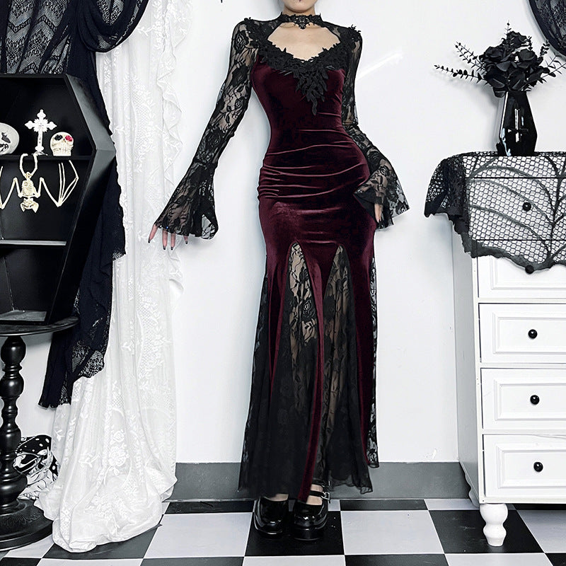 Dark Gothic Lace Mermaid Maxi Dress – Long Sleeve Bodycon Dress