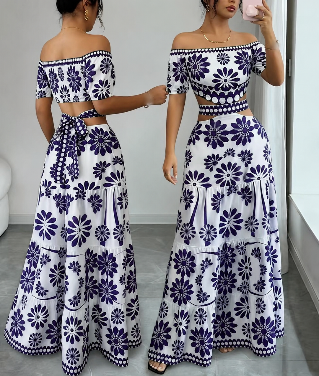 Women’s Daisy Print Off Shoulder Maxi Dress
