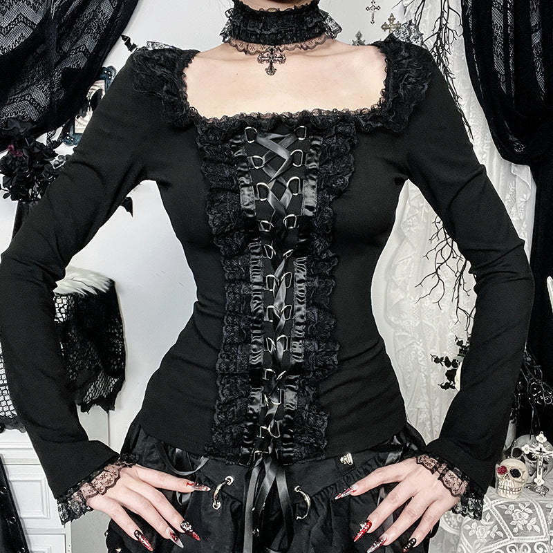 Women’s Gothic Lace-Up Top – Long Sleeve Corset-Inspired Shirt with Lace Trim & Choker