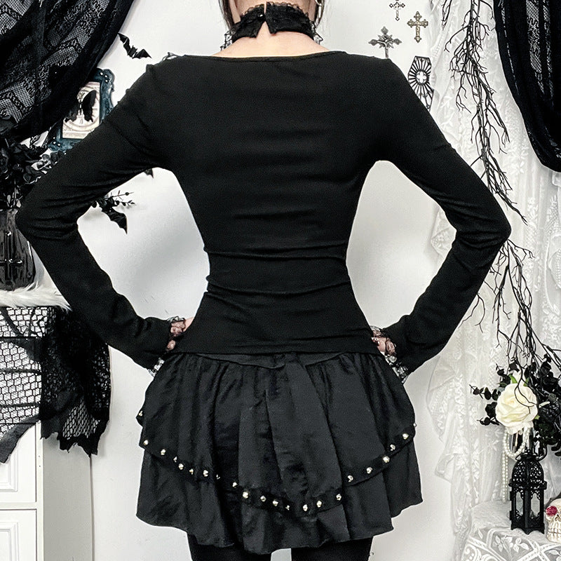 Women’s Gothic Lace-Up Top – Long Sleeve Corset-Inspired Shirt with Lace Trim & Choker