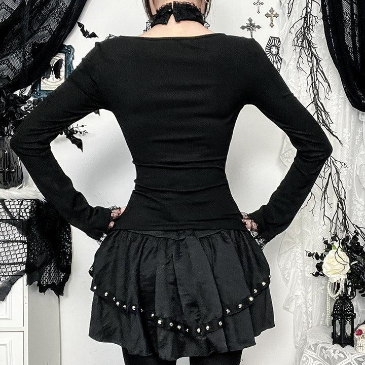 Women’s Gothic Lace-Up Top – Long Sleeve Corset-Inspired Shirt with Lace Trim & Choker