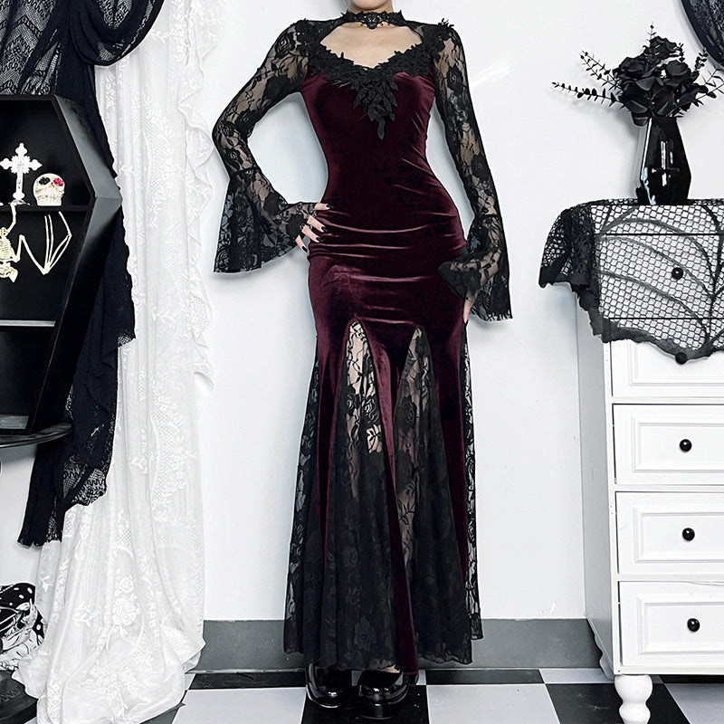 Dark Gothic Lace Mermaid Maxi Dress – Long Sleeve Bodycon Dress