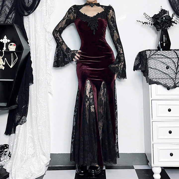 Dark Gothic Lace Mermaid Maxi Dress – Long Sleeve Bodycon Dress