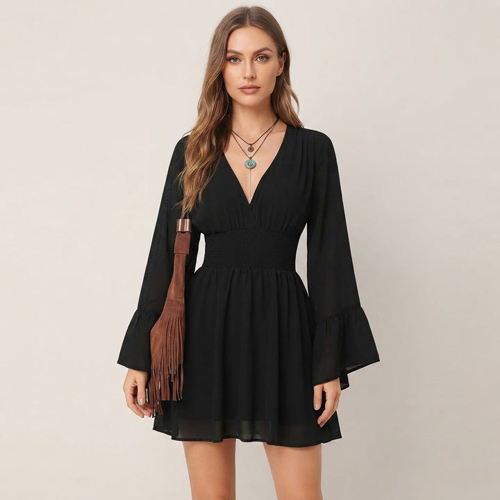 Women’s V-Neck Mini Dress – Long Flare Sleeve Smocked Waist