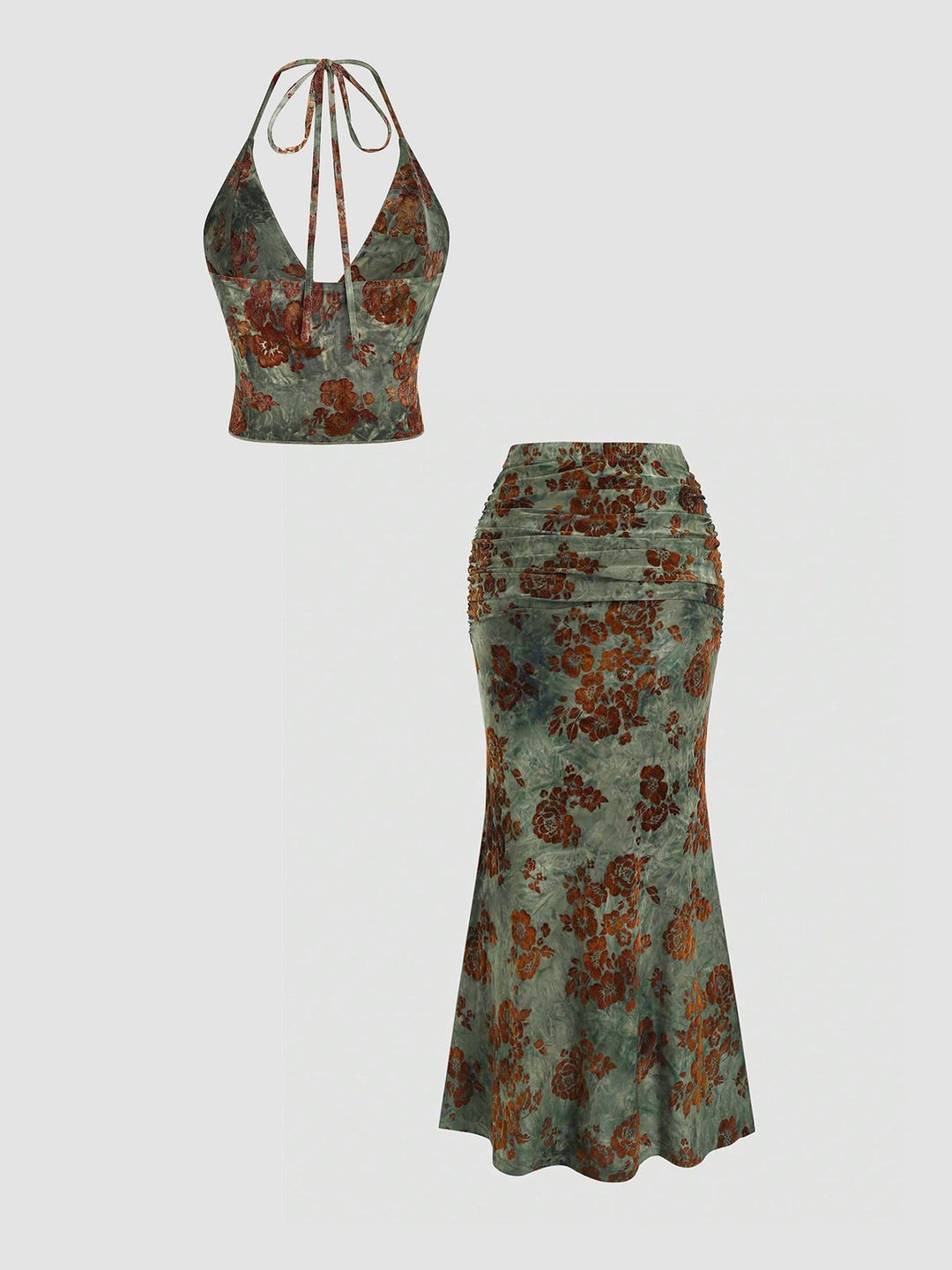 Halter Crop Top & Drawstring Mermaid Maxi Skirt Matching Summer Outfit