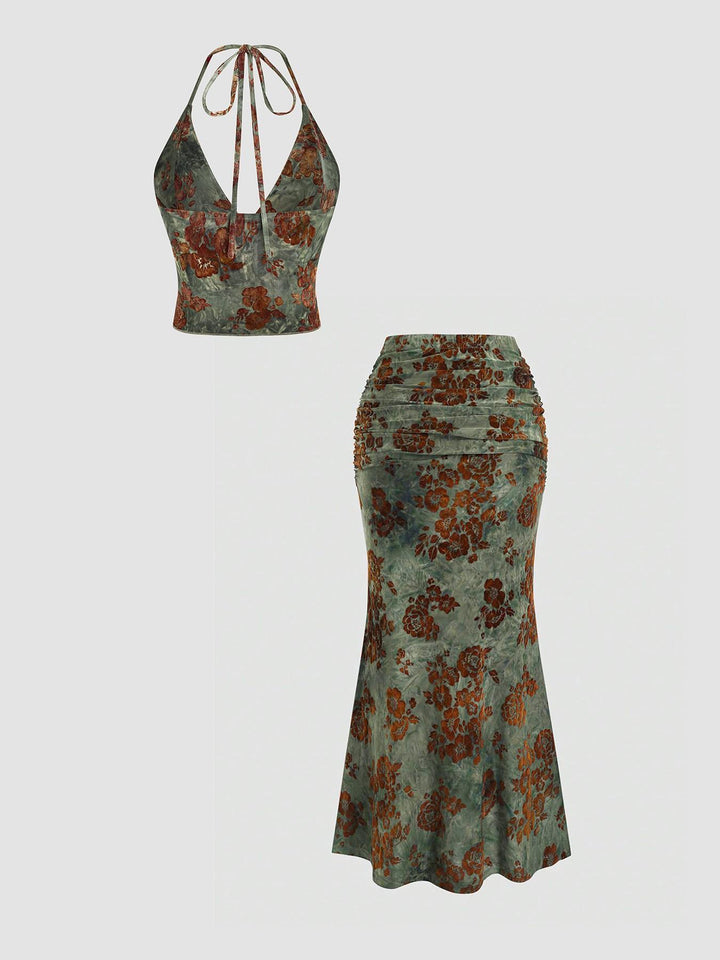 Halter Crop Top & Drawstring Mermaid Maxi Skirt Matching Summer Outfit