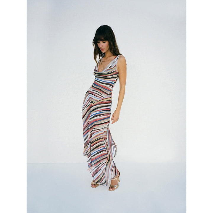 Women’s Striped Maxi Dress – V-Neck Draped Neckline Asymmetric Hem