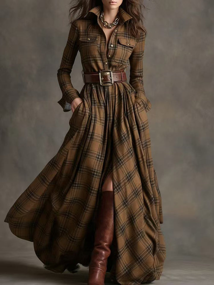 French Vintage Plaid Maxi Dress