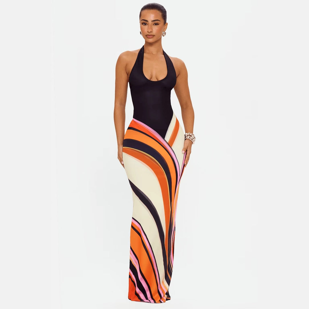 Women’s Halter Neck Backless Maxi Dress – Sexy Color Block Bodycon