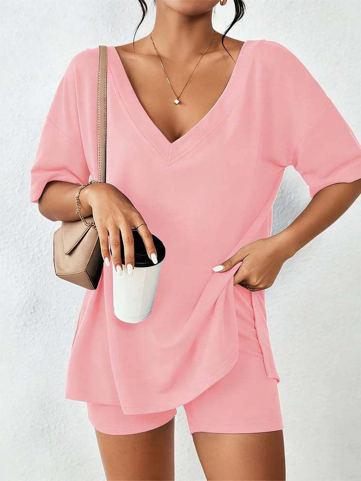 Casual Matching Outfit - Stretchy Deep V Neck Loose Fit Top & Pocket Shorts