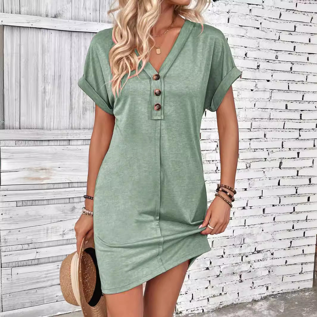 Women’s Button Front V Neck Mini Dress