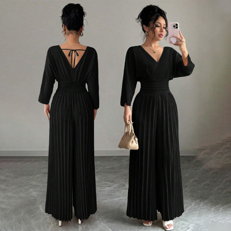 Women’s Elegant V-Neck Pleated Wide Leg Jumpsuit