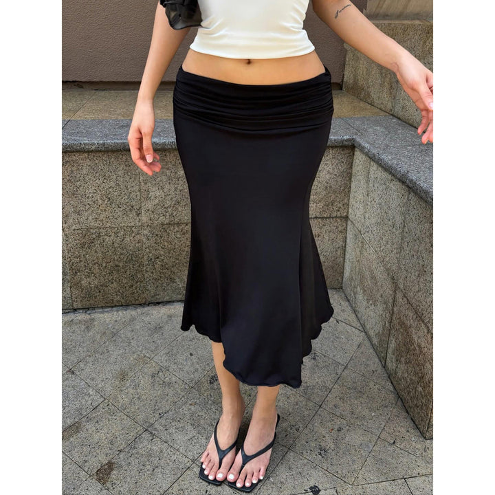 Women’s Ruched Mermaid Midi Skirt – Low-Rise Slim-Fit Bodycon Skirt with Flared Hem