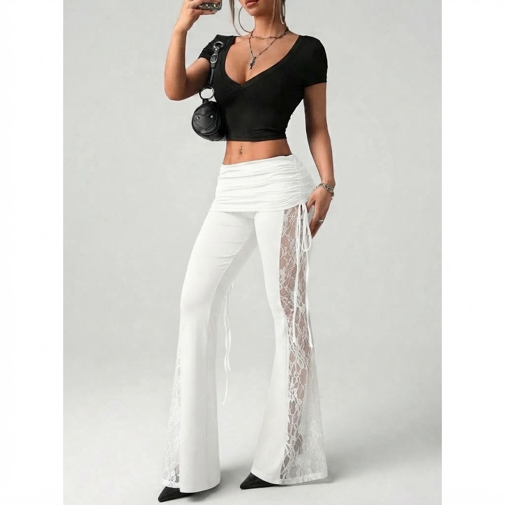 Women’s Lace Panel Flare Pants – with Sheer Lace Detail
