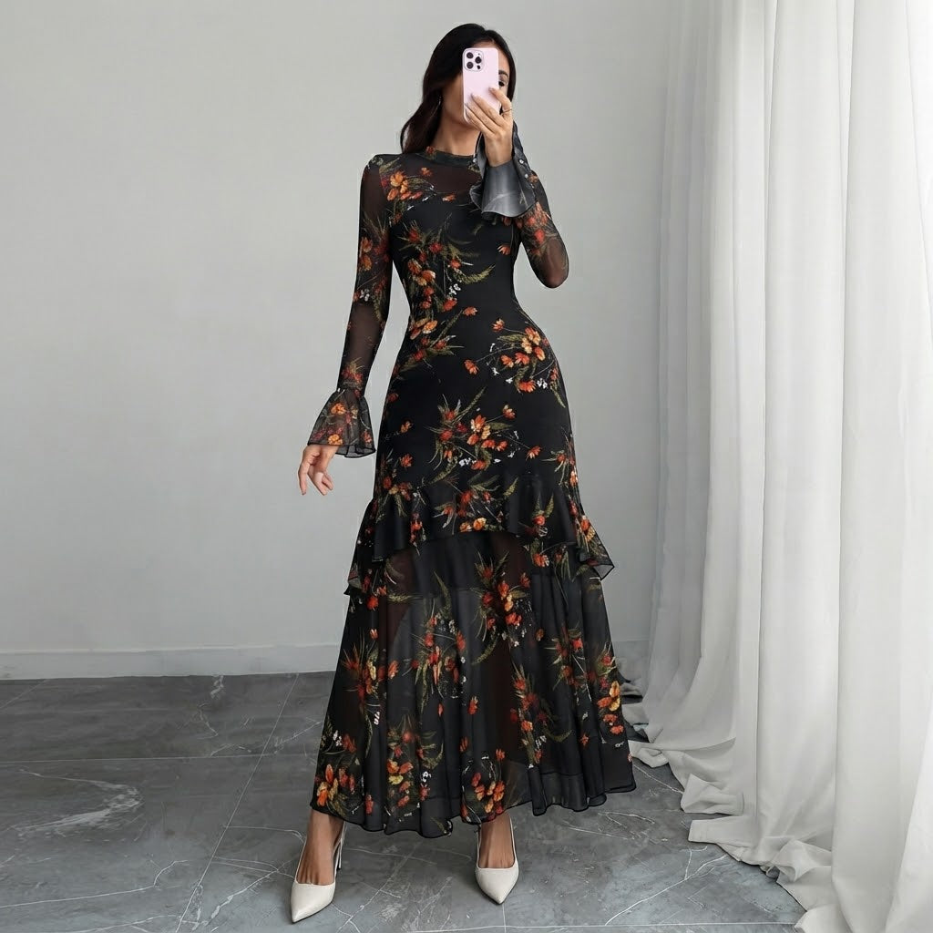 Women’s Floral Print Maxi Dress – Ruffle Sleeve, Sheer Mesh & Flowy Hem