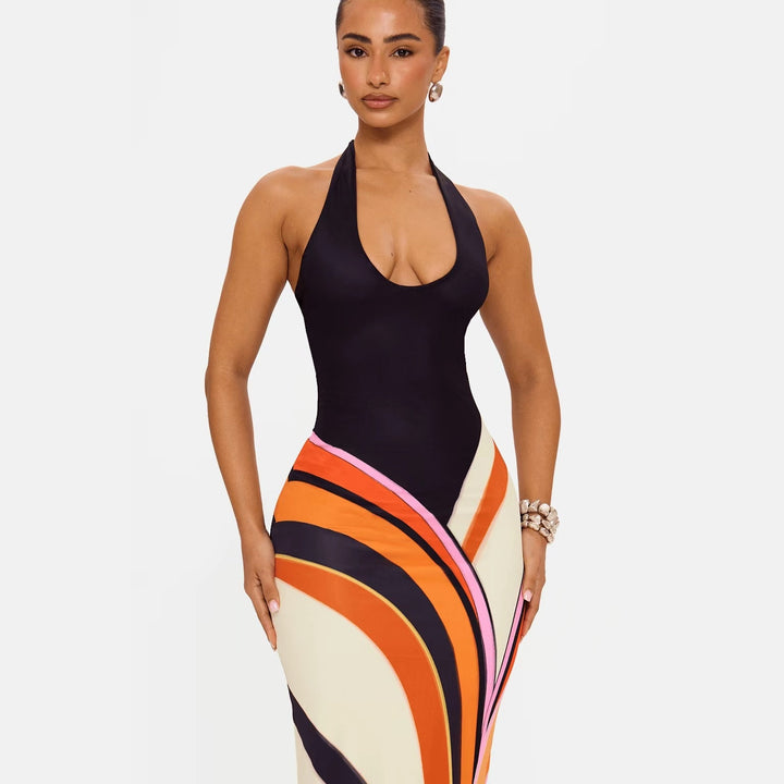 Women’s Halter Neck Backless Maxi Dress – Sexy Color Block Bodycon