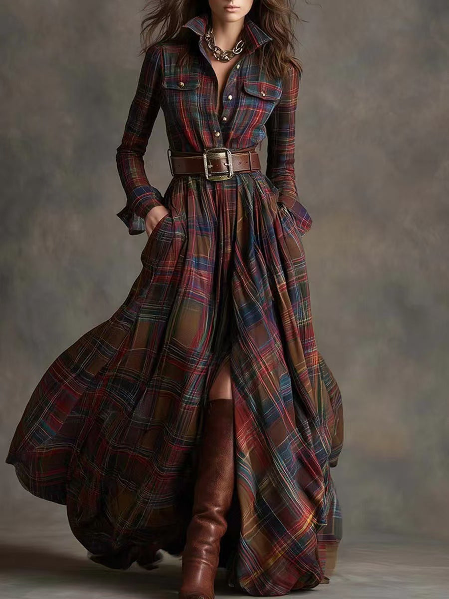 French Vintage Plaid Maxi Dress