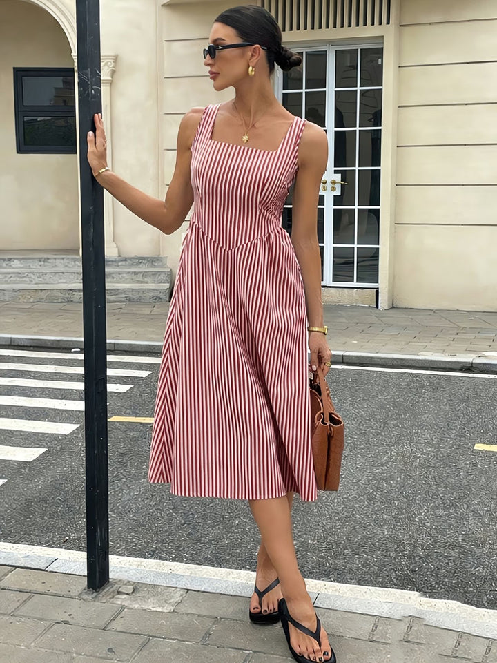 Elegant Striped Square Neck Midi Dress for Women