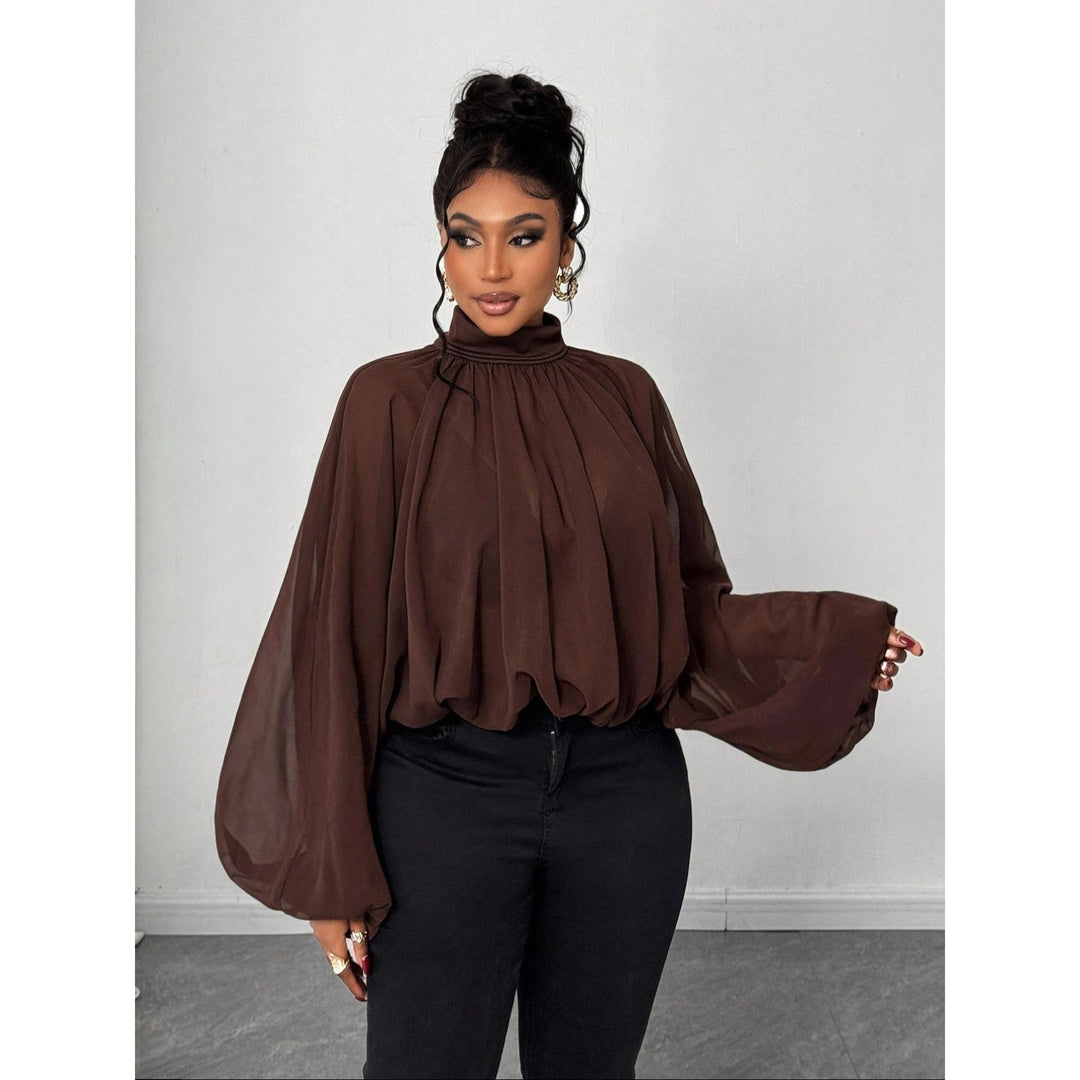 Women's High Neck Solid Color Sheer Shirt Blouses Shirts