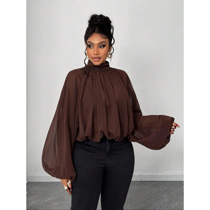 Women's High Neck Solid Color Sheer Shirt Blouses Shirts