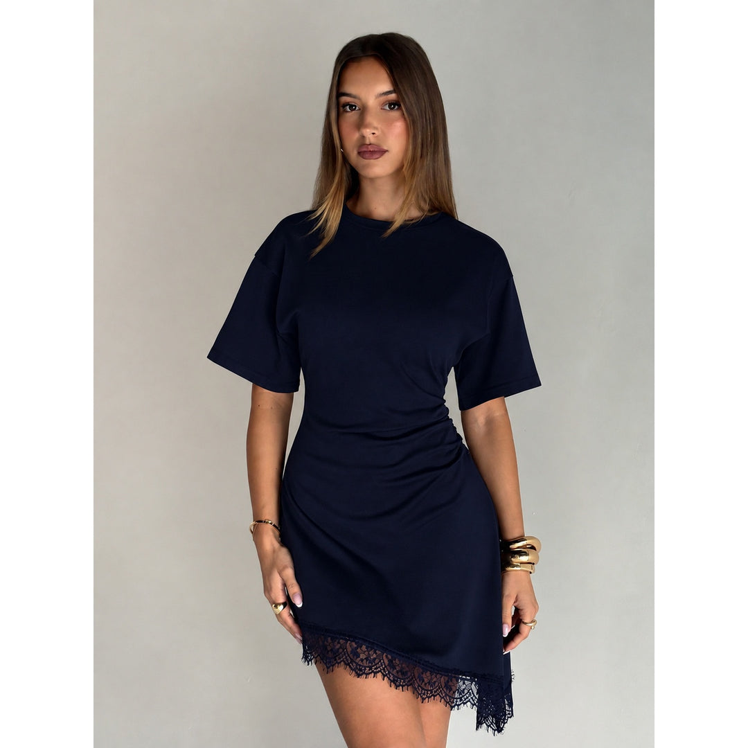 Women’s Ruched Lace Trim Bodycon Mini Dress