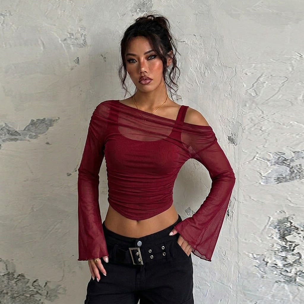Women’s Off-Shoulder Ruched Mesh Top