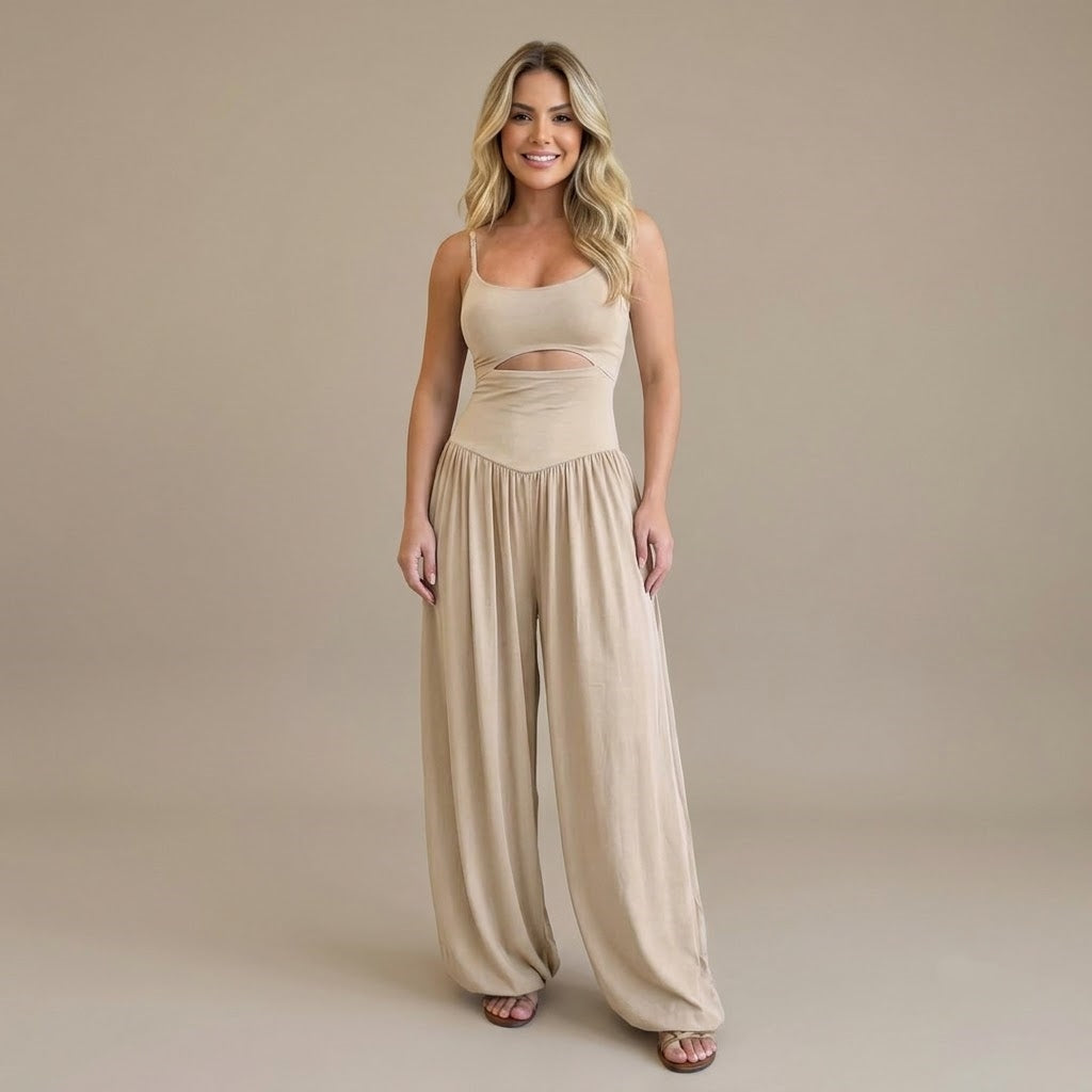 Women’s Cut Out Wide Leg Jumpsuit – Sleeveless Spaghetti Strap Casual Romper