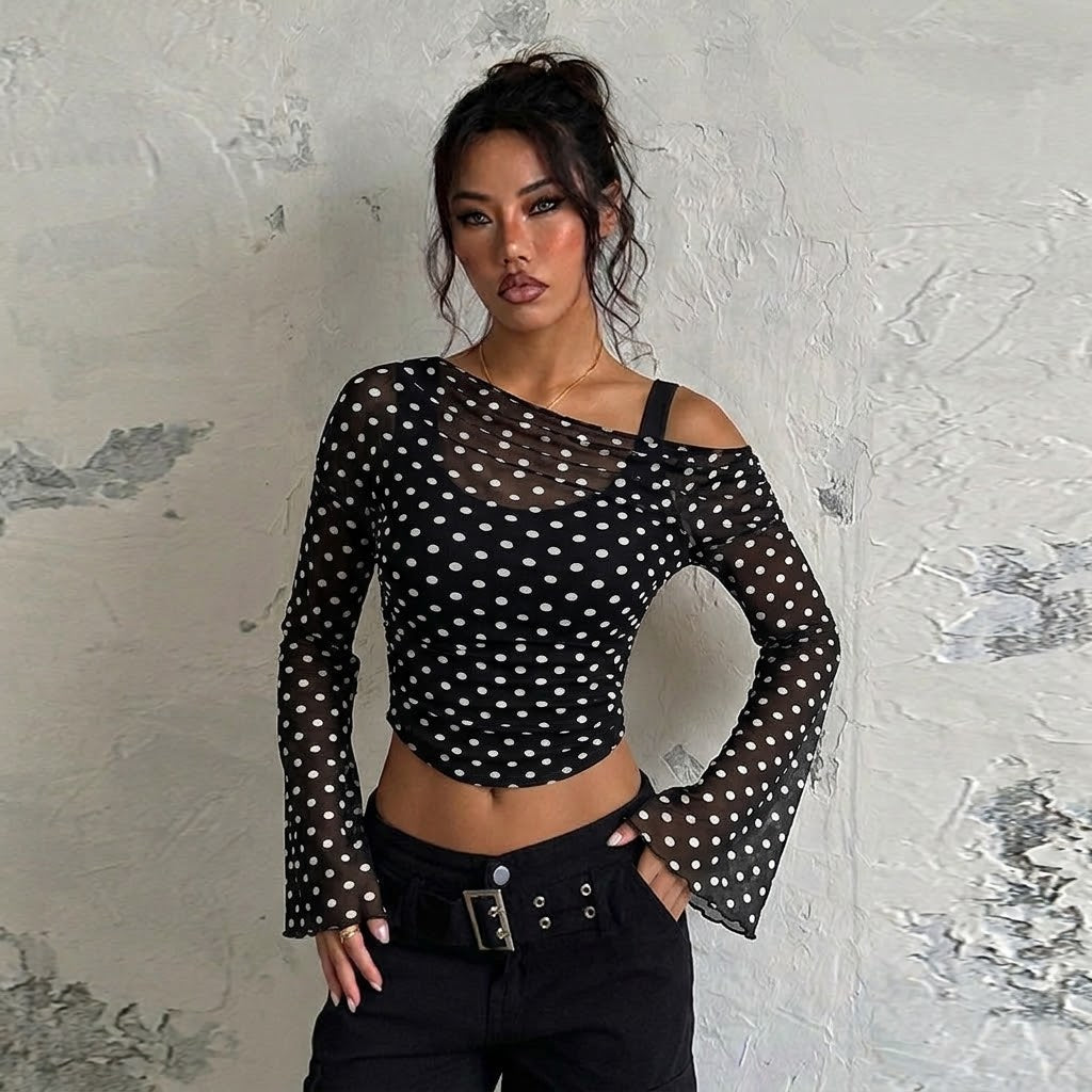 Women’s Off-Shoulder Ruched Mesh Top