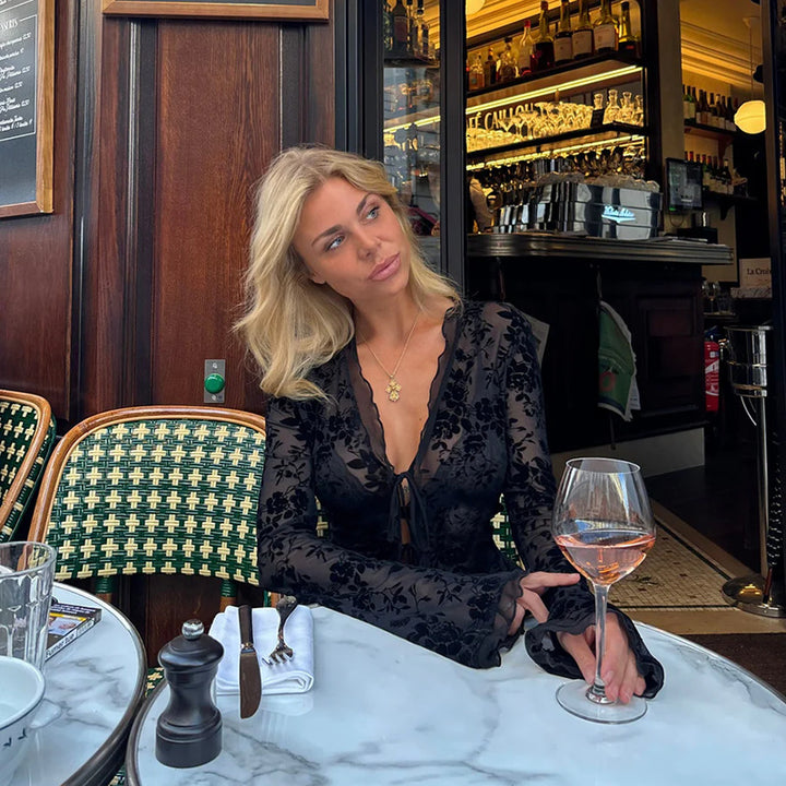 Women’s Sheer Floral Mesh Blouse – Parisian-Inspired Slim Fit Top with Tie Front, Flared Sleeves