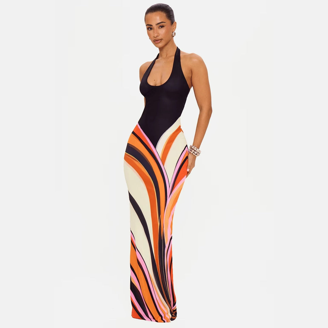 Women’s Halter Neck Backless Maxi Dress – Sexy Color Block Bodycon