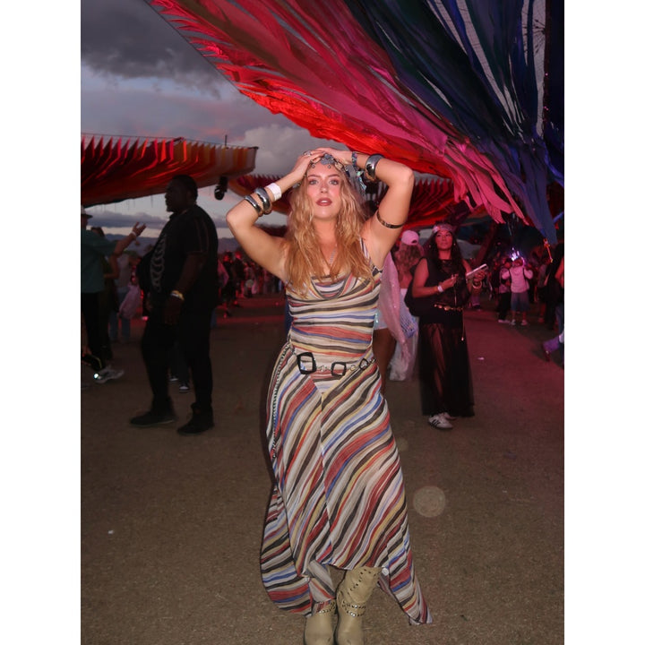 Women’s Striped Maxi Dress – V-Neck Draped Neckline Asymmetric Hem