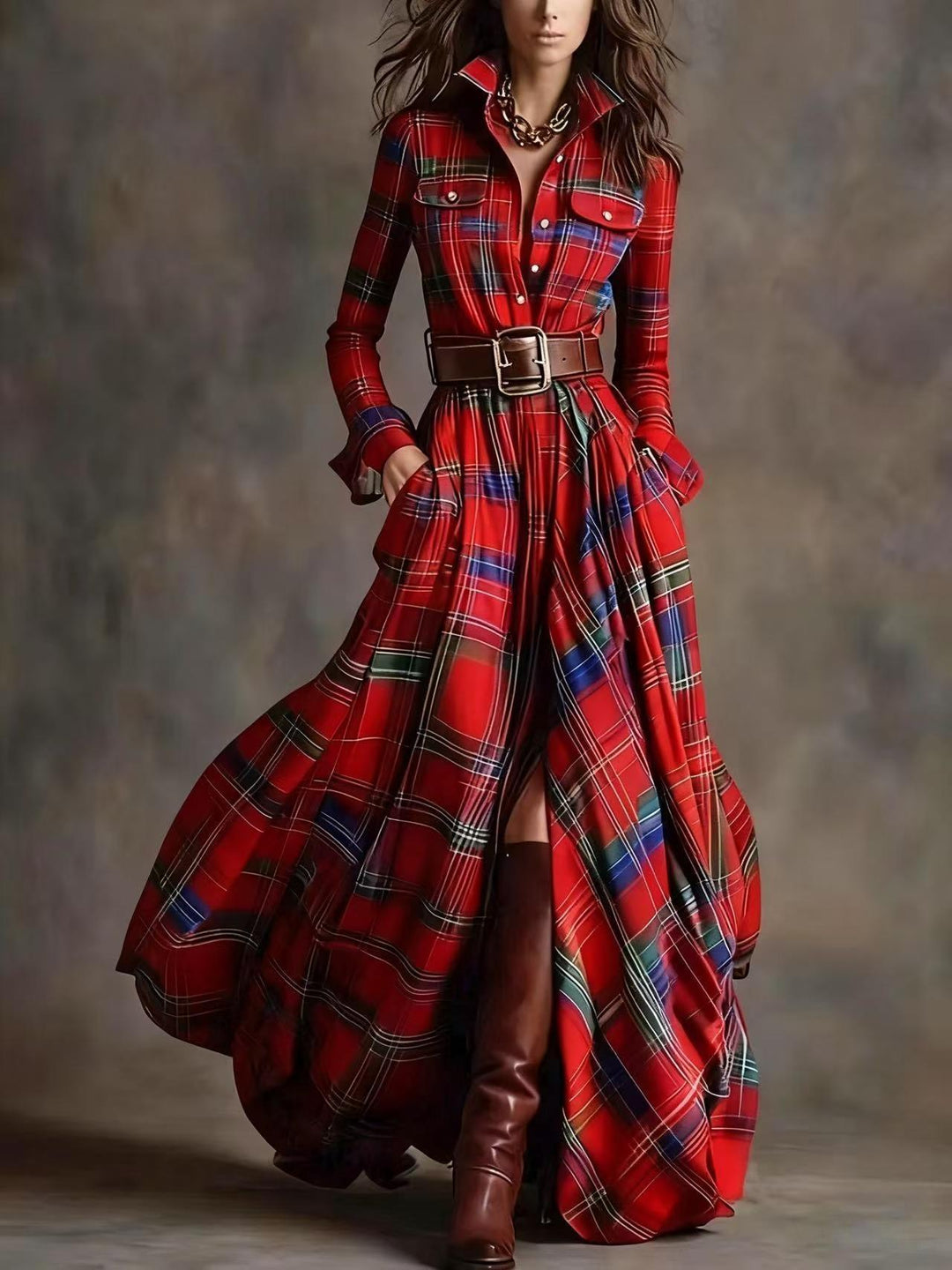 French Vintage Plaid Maxi Dress
