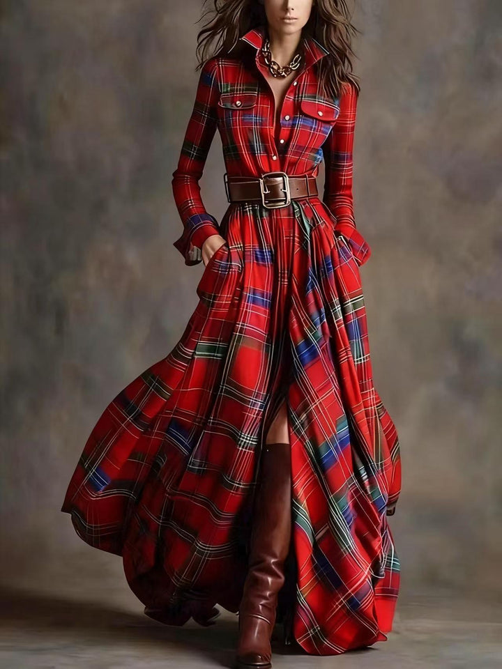 French Vintage Plaid Maxi Dress